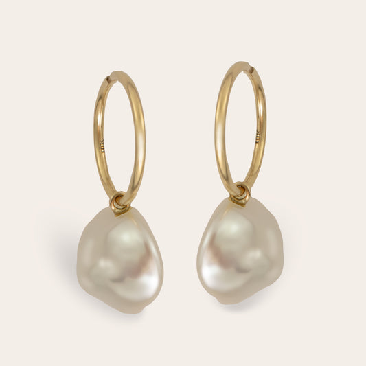 Evelyn - 10K Solid Gold Freshwater Pearl drop Hoop Earrings