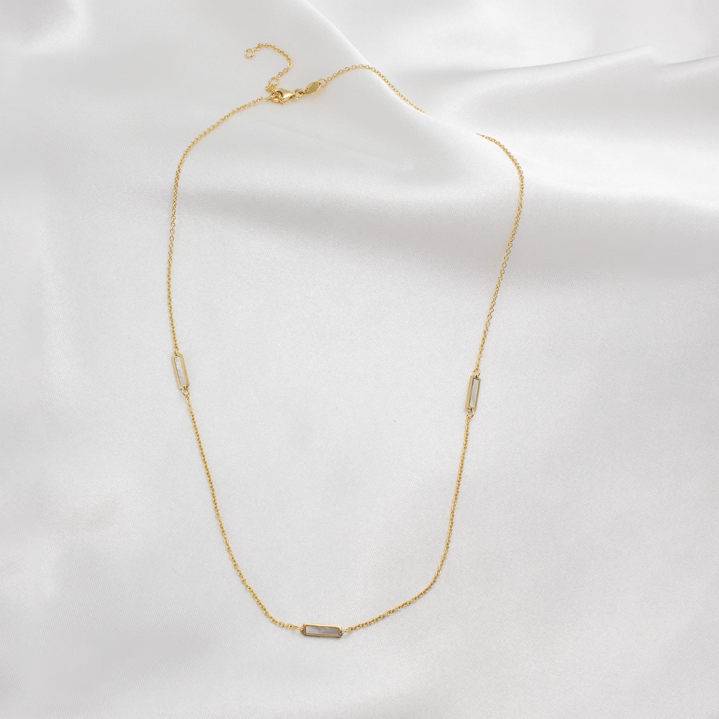 14K Solid Gold Mother of Pearl Station Necklace 16"+ 2"