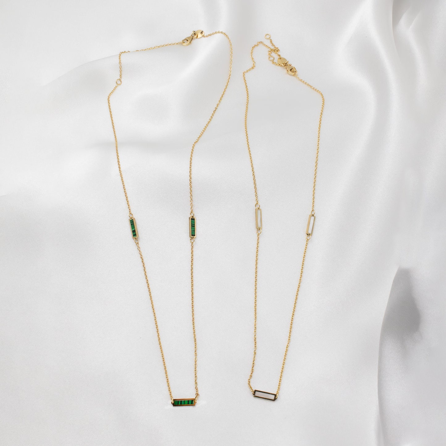 14K Solid Gold Malachite Station Necklace 16"+ 2"