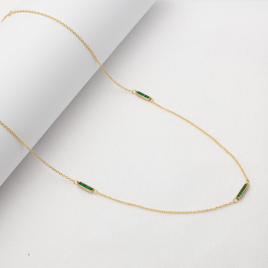 14K Solid Gold Malachite Station Necklace 16"+ 2"