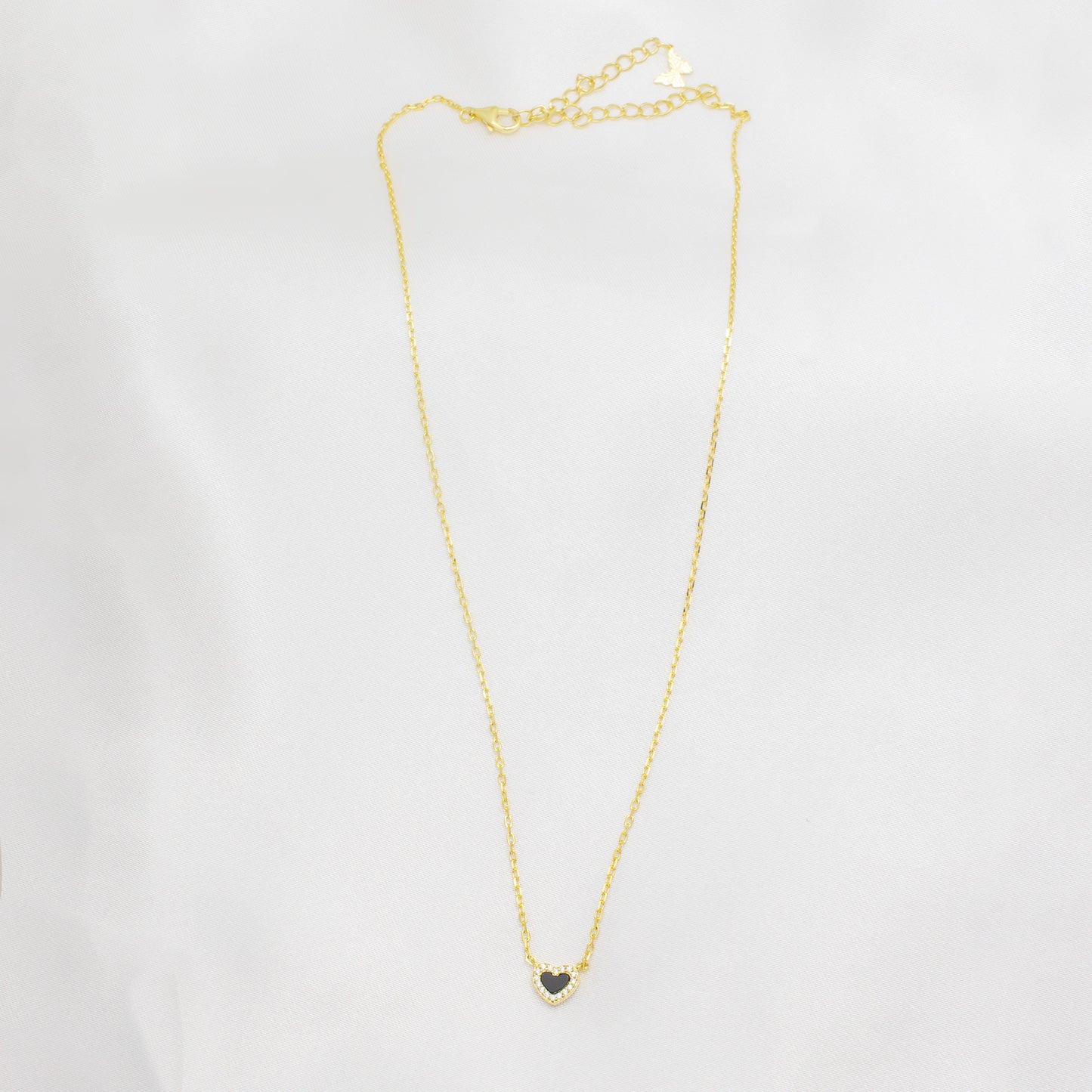 Vermeil Cubic Zirconia Onyx heart Necklace 14"+3"