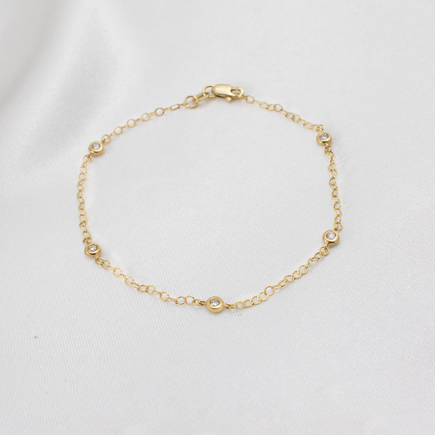 14K Solid Gold Diamond Station Bracelet 7"