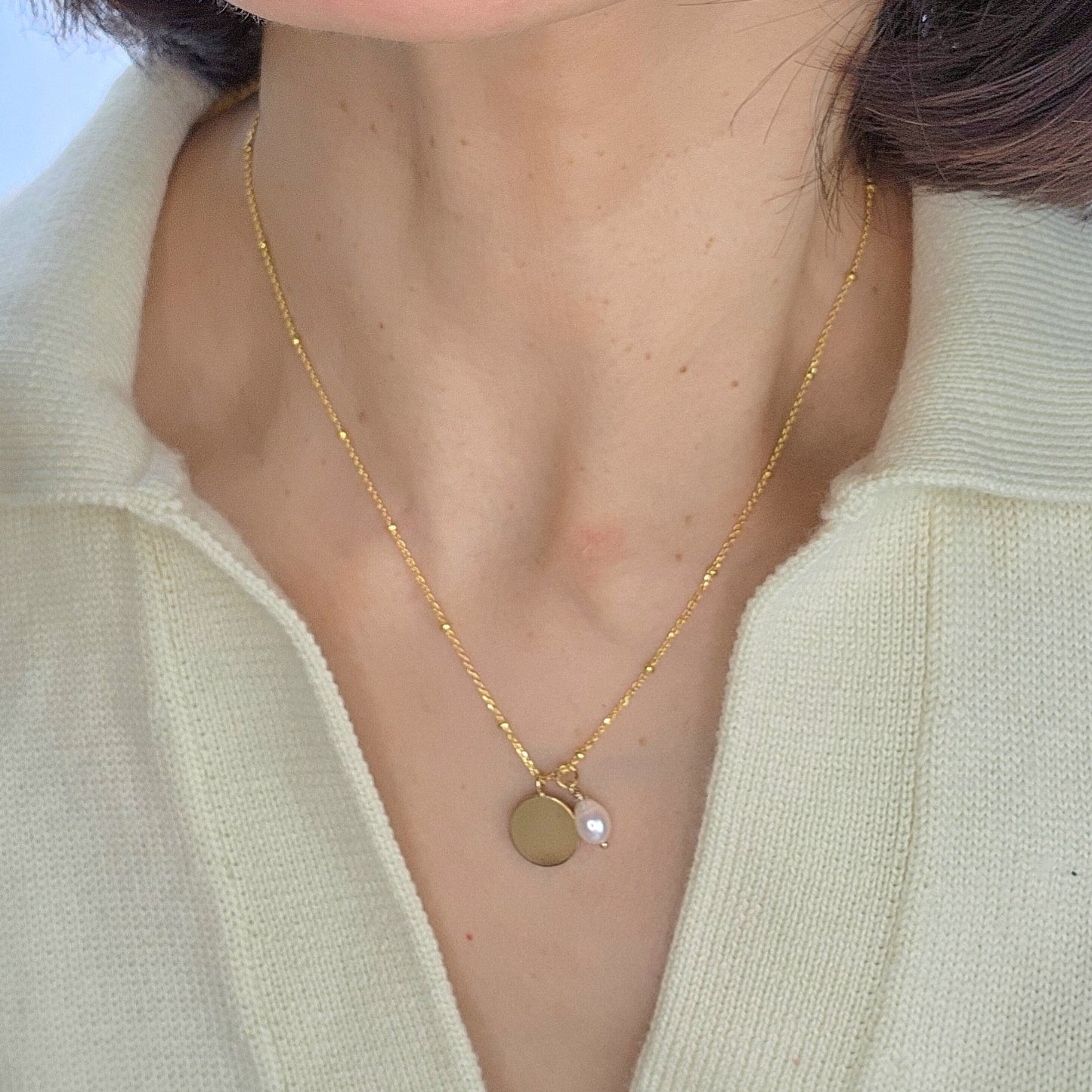 Vermeil Disc with Genuine Fresh Water Pearl Necklace 16"