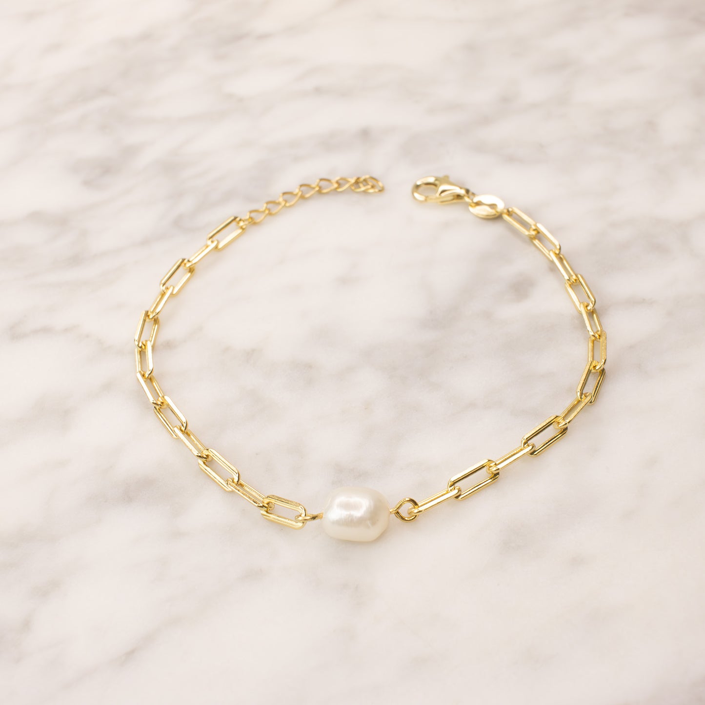 Vermeil Pearl Link Chain Bracelet 7.5"