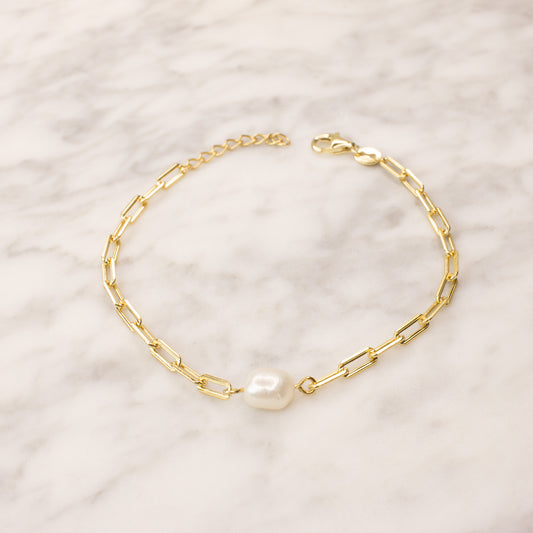 Vermeil Pearl Link Chain Bracelet 7.5"