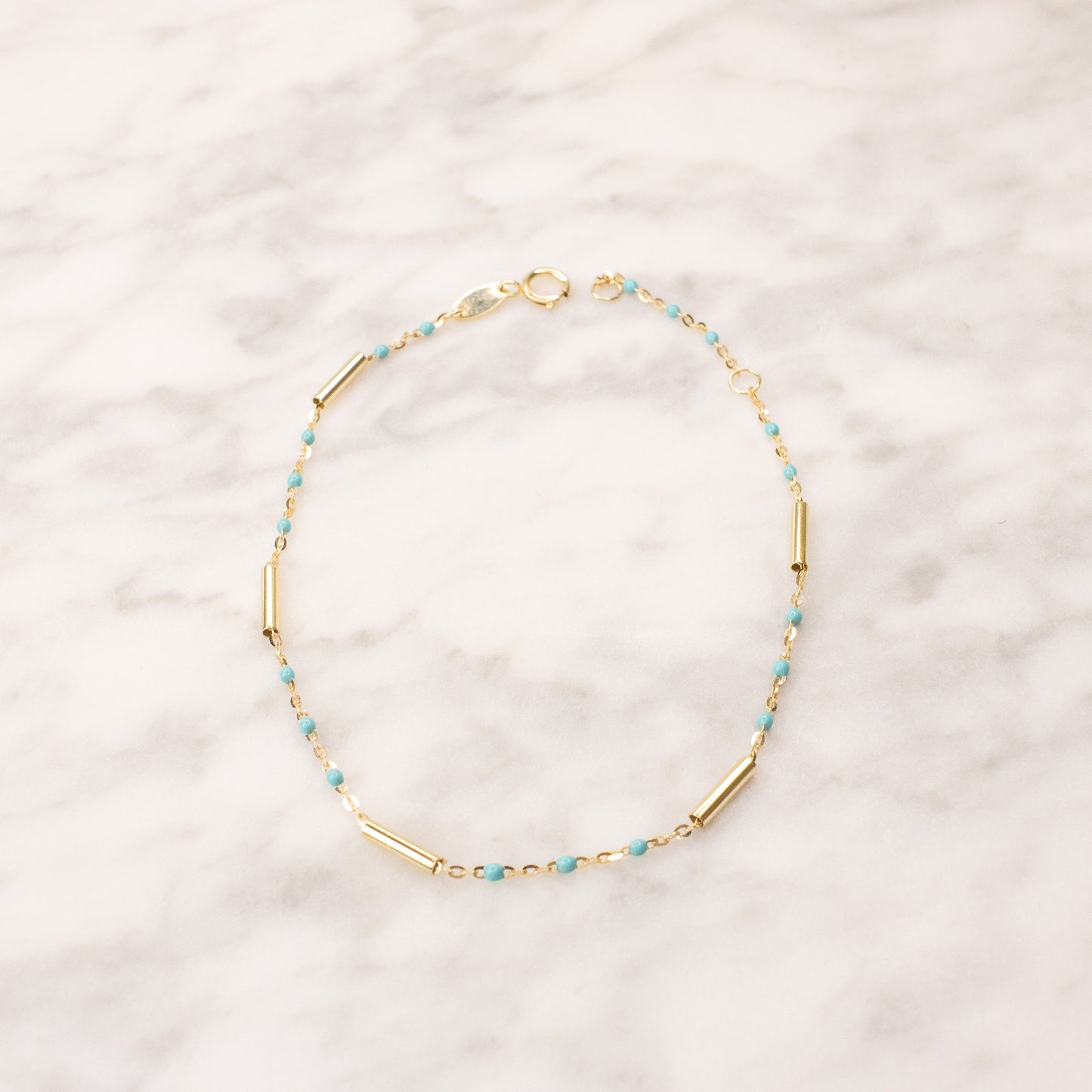 10K Solid Gold Enamel Beads and Bar Bracelet-Turquoise 7.5"