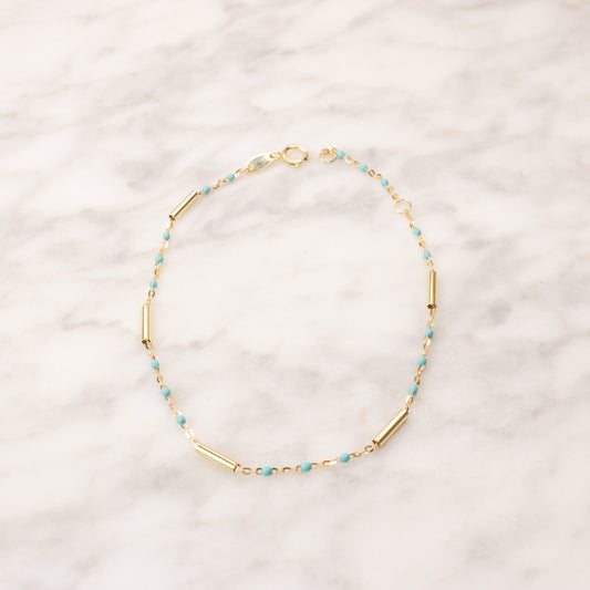 10K Solid Gold Enamel Beads and Bar Bracelet-Turquoise 7.5"