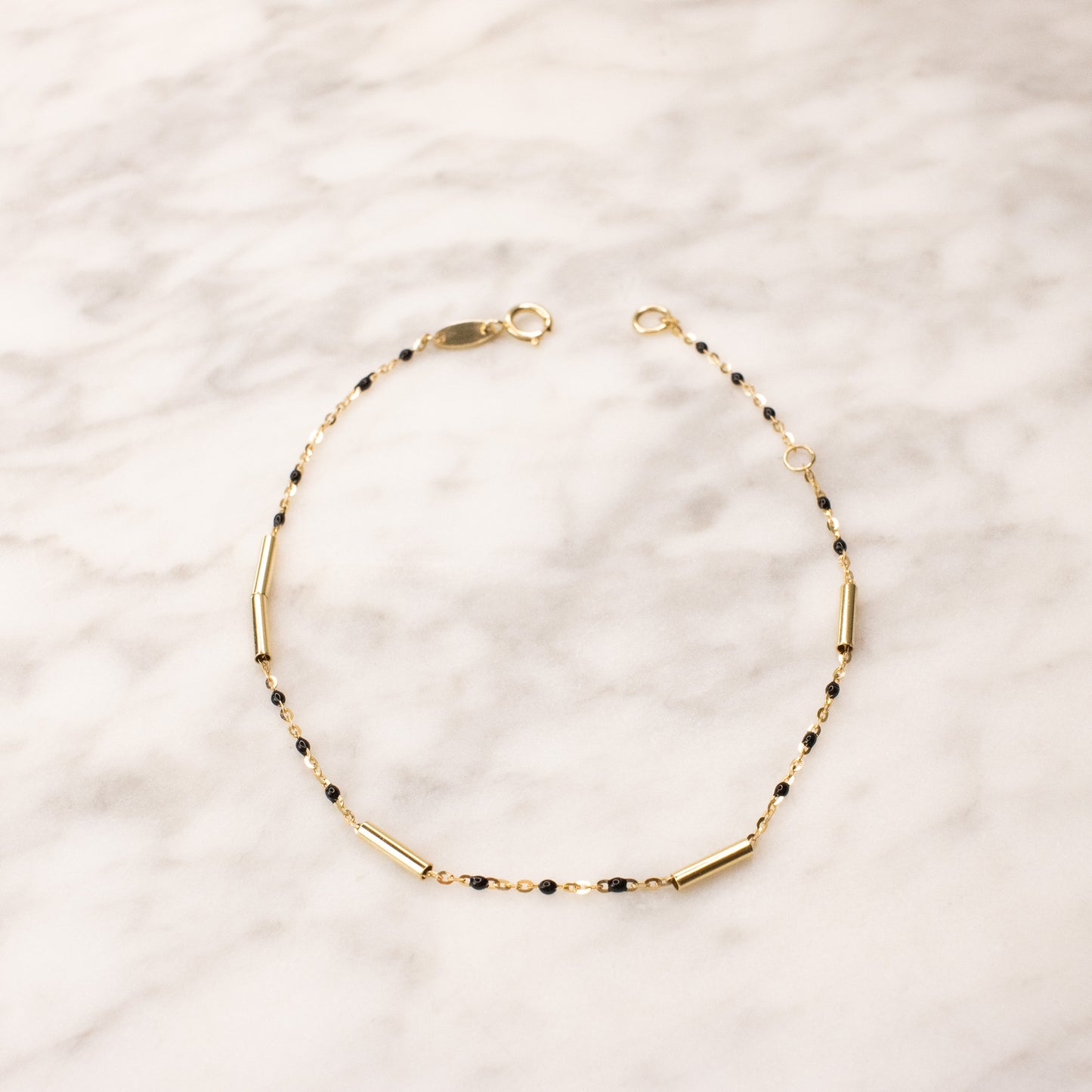 10K Solid Gold Enamel Beads and Bar Bracelet - Black 7.5"