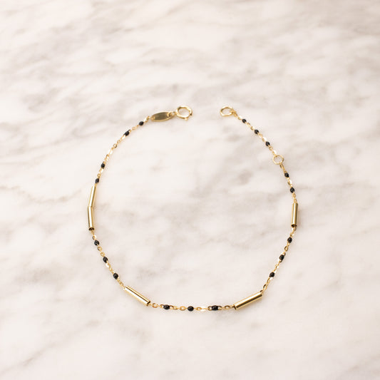 10K Solid Gold Enamel Beads and Bar Bracelet - Black 7.5"